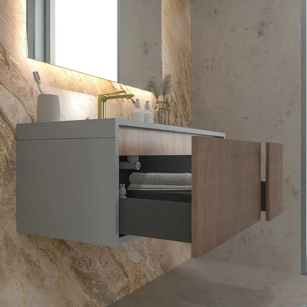 Meuble de salle de bain suspendu BINARIO avec 2 tiroirs finition CHÊNE FRANÇAIS / SABLE – Image 6