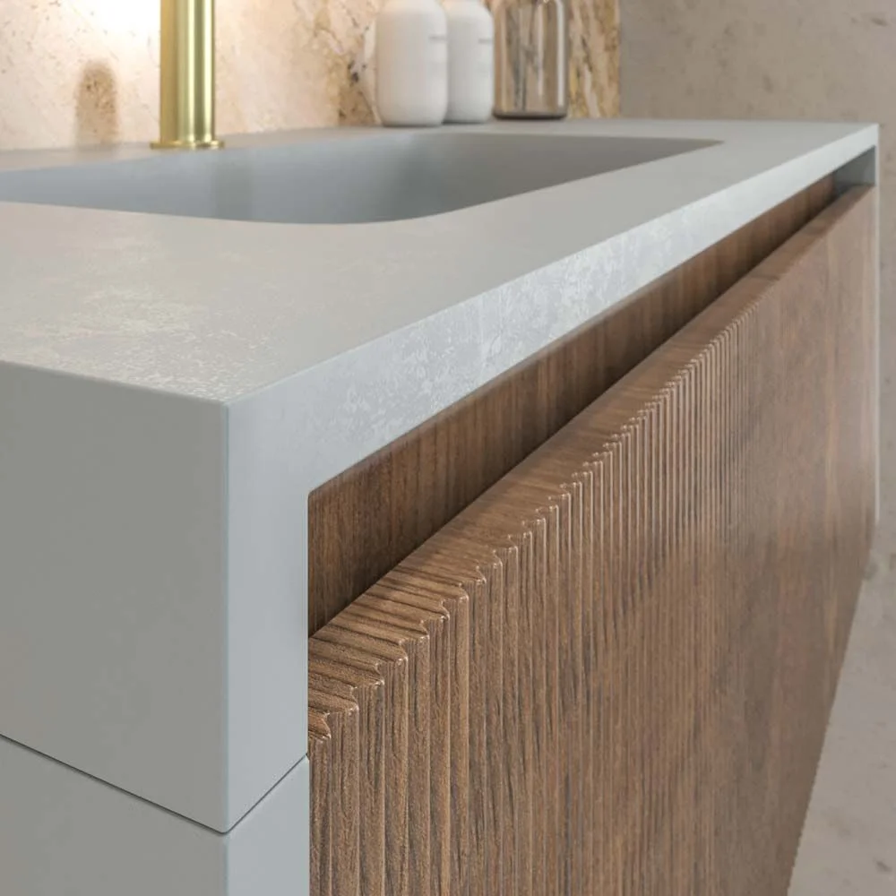 Meuble de salle de bain suspendu BINARIO avec 2 tiroirs finition CHÊNE FRANÇAIS / SABLE – Image 2