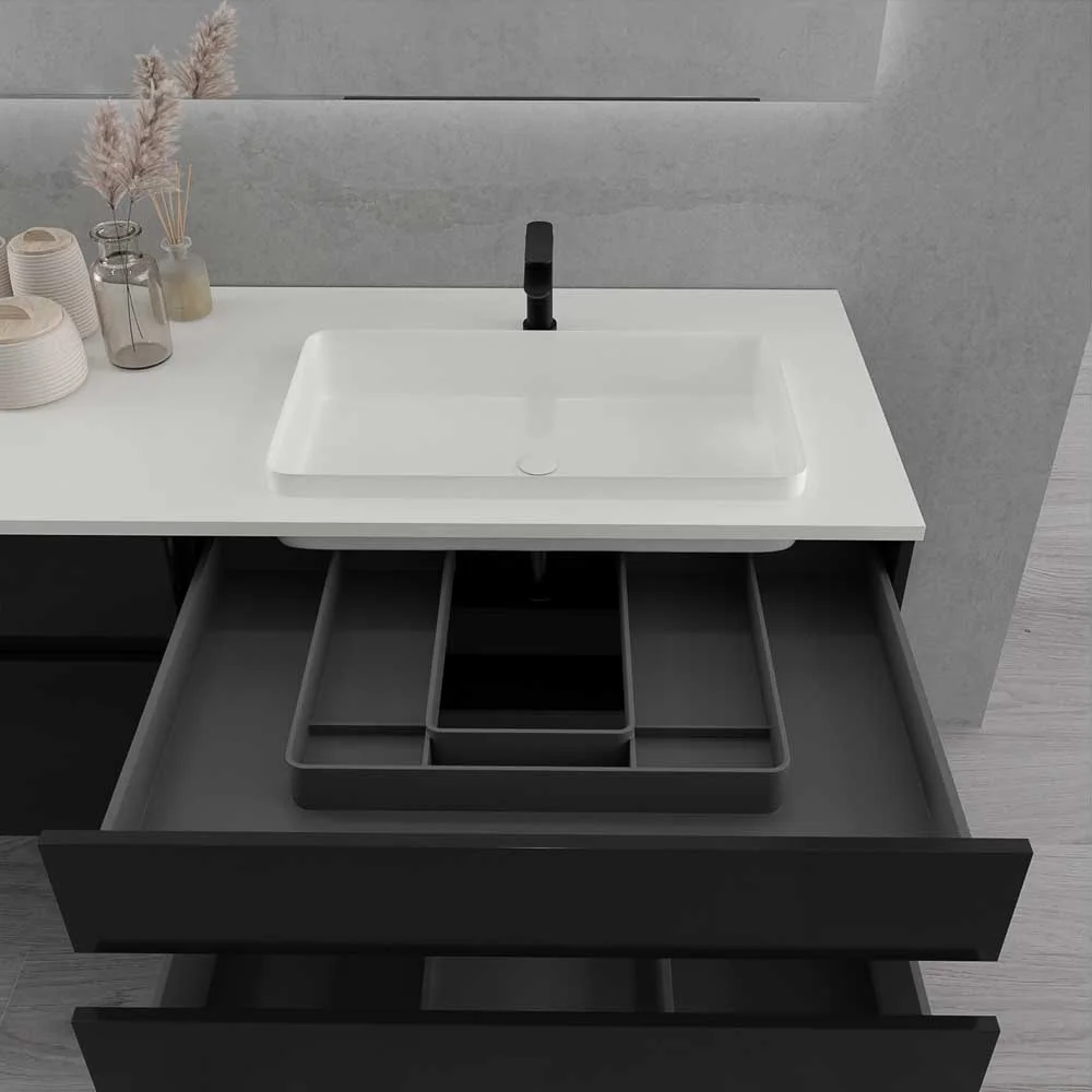 Meuble de salle de bain suspendu DUNE avec pieds 6 tiroirs et plateau 2 vasques en SOLID SURFACE – Image 5