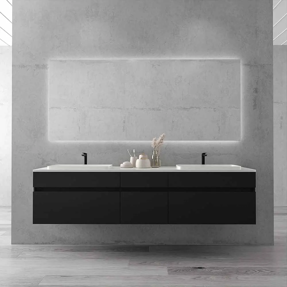 Meuble de salle de bain suspendu DUNE avec pieds 6 tiroirs et plateau 2 vasques en SOLID SURFACE