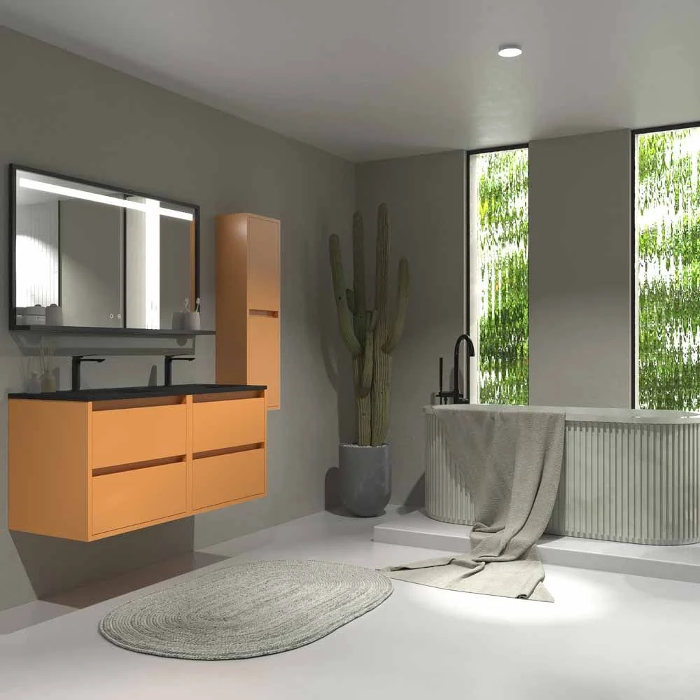 Meuble de salle de bain suspendu 4 tiroirs CLAIRE avec vasque 2 cuves en Solid Surface JAUNE PASTEL – Image 2