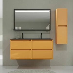 Meuble de salle de bain suspendu 4 tiroirs CLAIRE avec vasque 2 cuves en Solid Surface JAUNE PASTEL