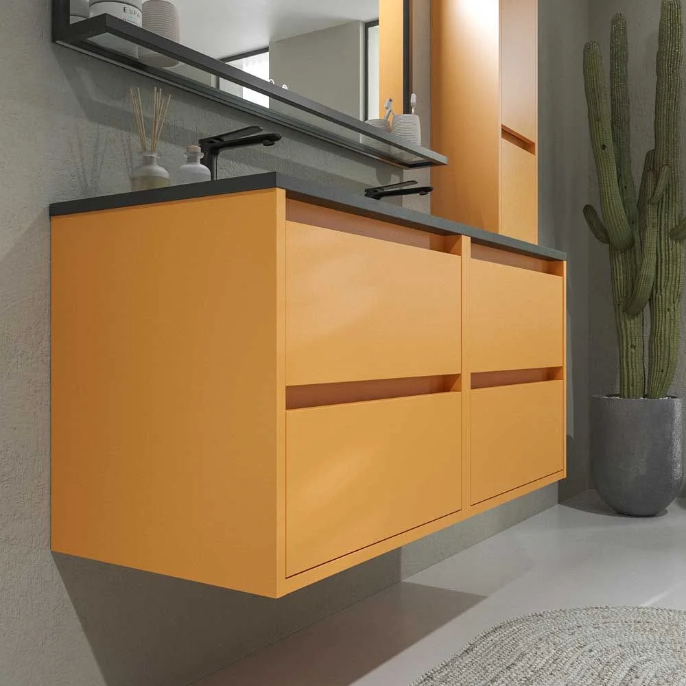 Meuble de salle de bain suspendu 4 tiroirs CLAIRE avec vasque 2 cuves en Solid Surface JAUNE PASTEL – Image 4