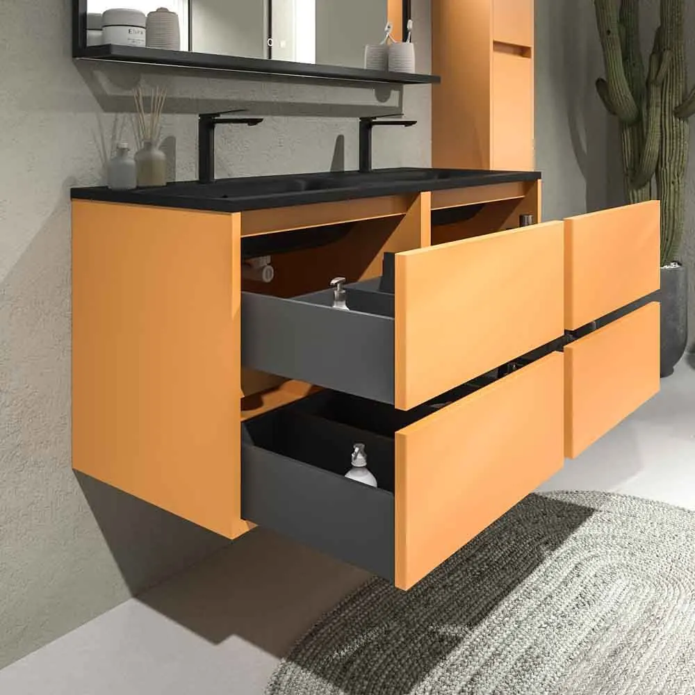 Meuble de salle de bain suspendu 4 tiroirs CLAIRE avec vasque 2 cuves en Solid Surface JAUNE PASTEL – Image 5