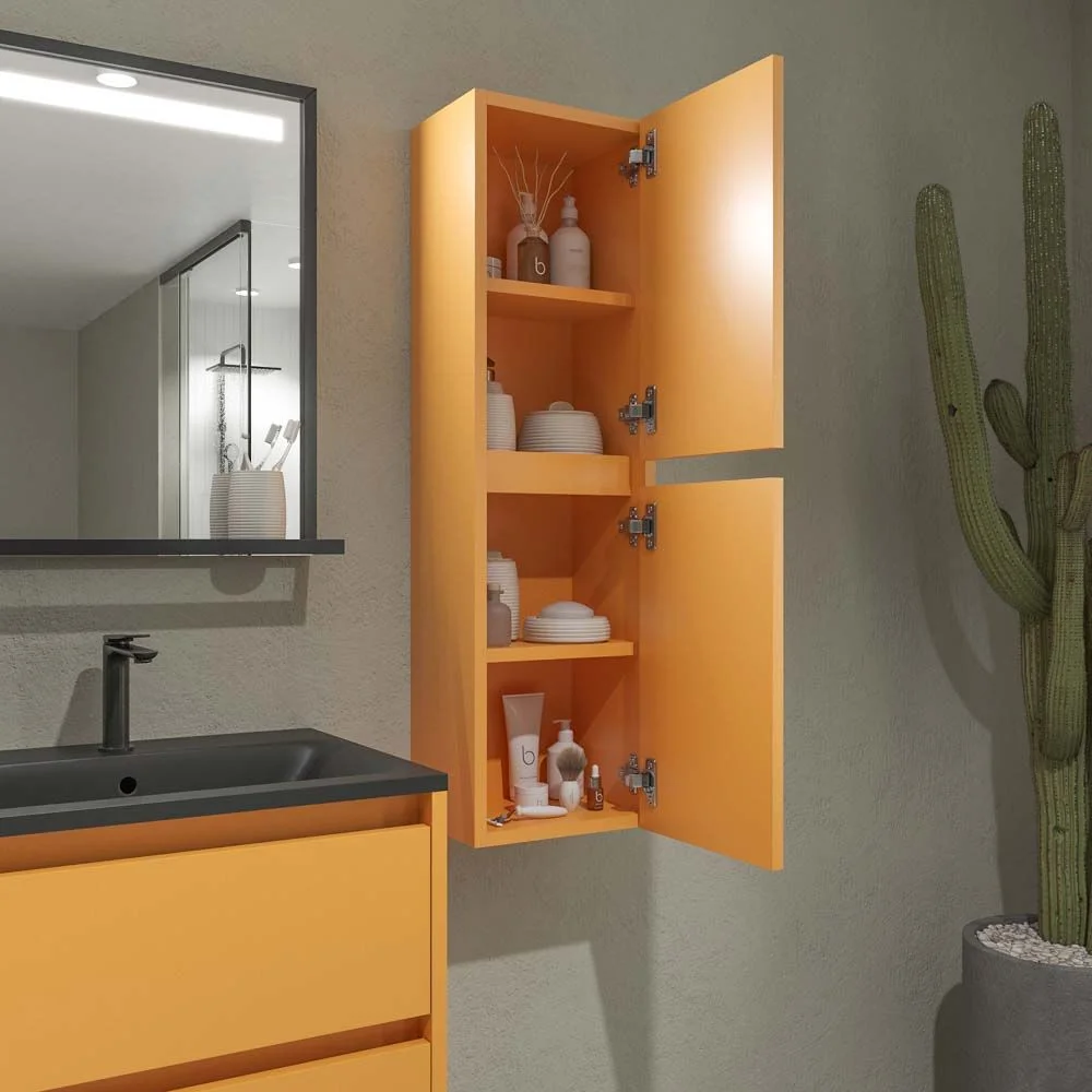 Meuble de salle de bain suspendu 4 tiroirs CLAIRE avec vasque 2 cuves en Solid Surface JAUNE PASTEL – Image 6