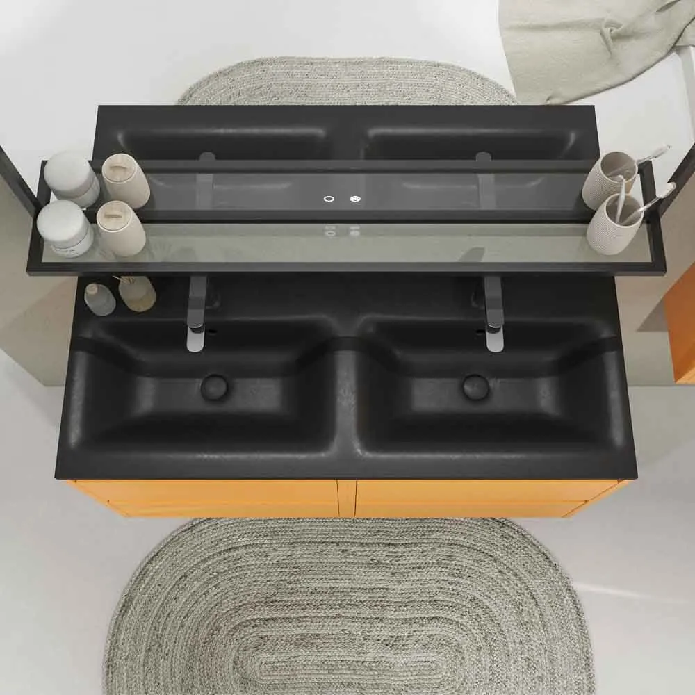 Meuble de salle de bain suspendu 4 tiroirs CLAIRE avec vasque 2 cuves en Solid Surface JAUNE PASTEL – Image 3
