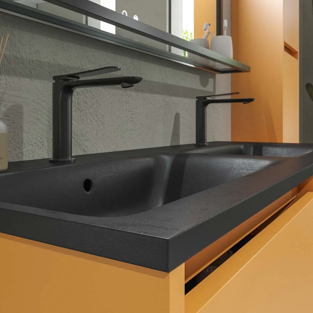 Meuble de salle de bain suspendu 4 tiroirs CLAIRE avec vasque 2 cuves en Solid Surface JAUNE PASTEL – Image 7