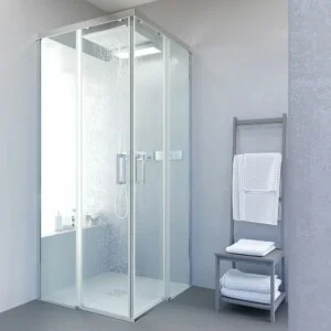 Cabine de douche carrée BASIC ouverture angulaire 2 fixes-2 portes coulissantes. Pas de profil inférieur. Avec traitement anti-calcaire Finition CHROME BRILLANT.