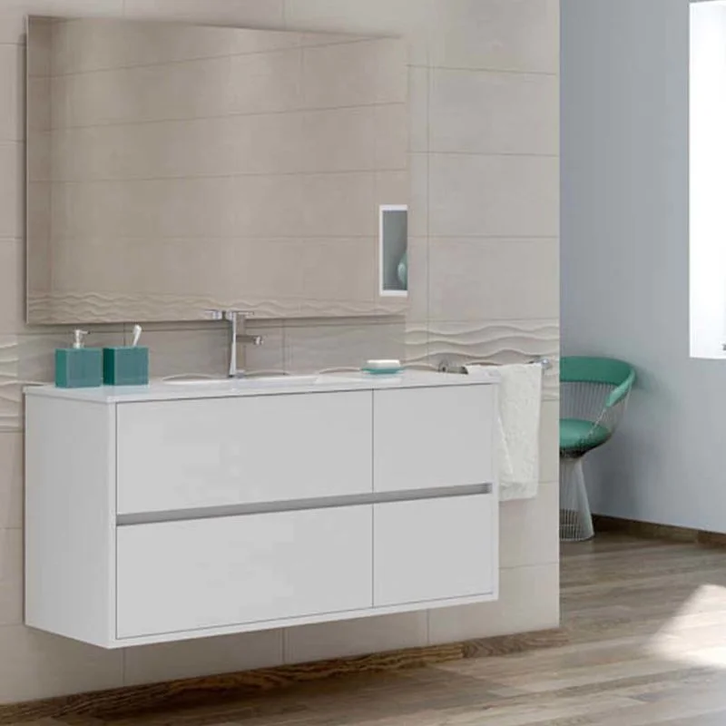Meuble de salle de bain suspendu CARLOTTA avec 4 tiroirs et vasque en céramique, couleur BLANC