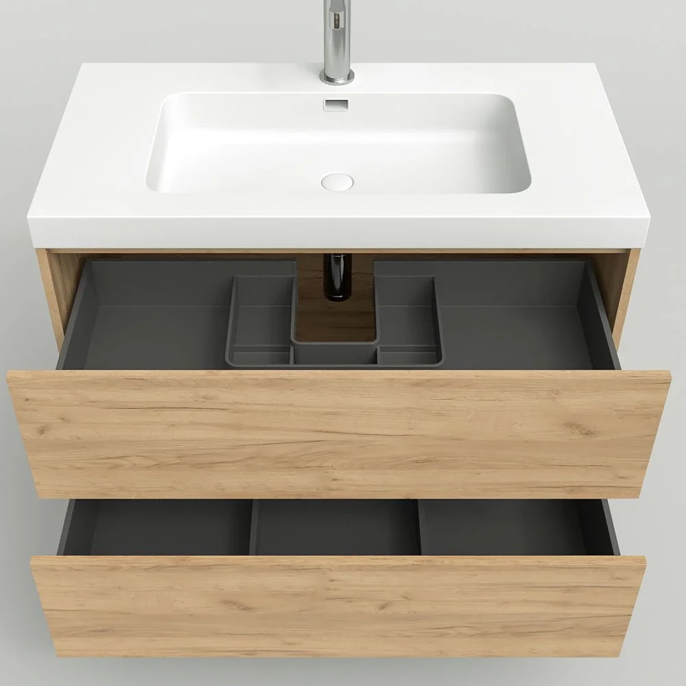 Meuble de salle de bain suspendu 2 tiroirs CARMEN avec vasque en résine finition MOUTARDE – Image 7