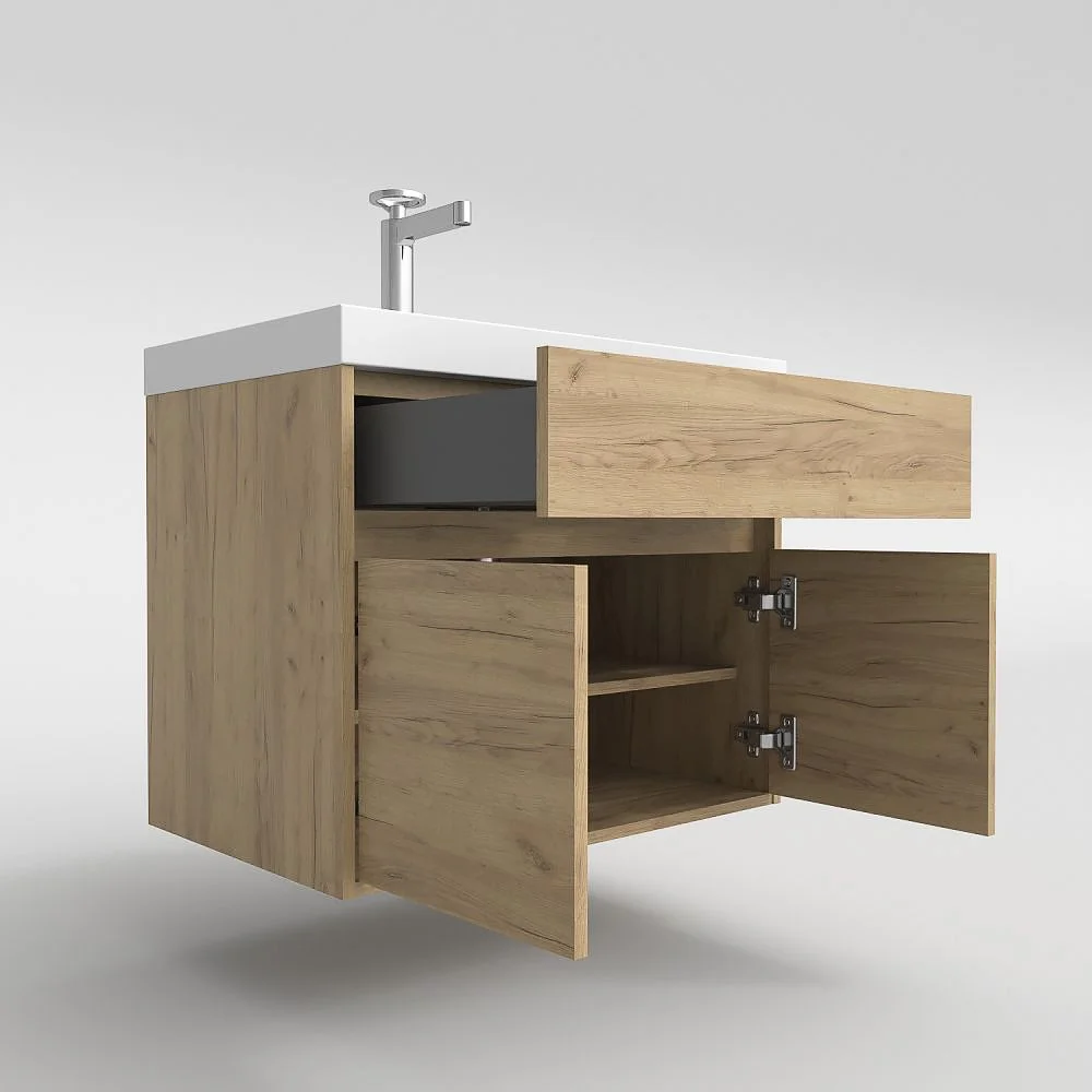 Meuble de salle de bain suspendu 2 portes / 1 tiroir CARMEN avec vasque en résine finition CHÊNE CLAIR – Image 4
