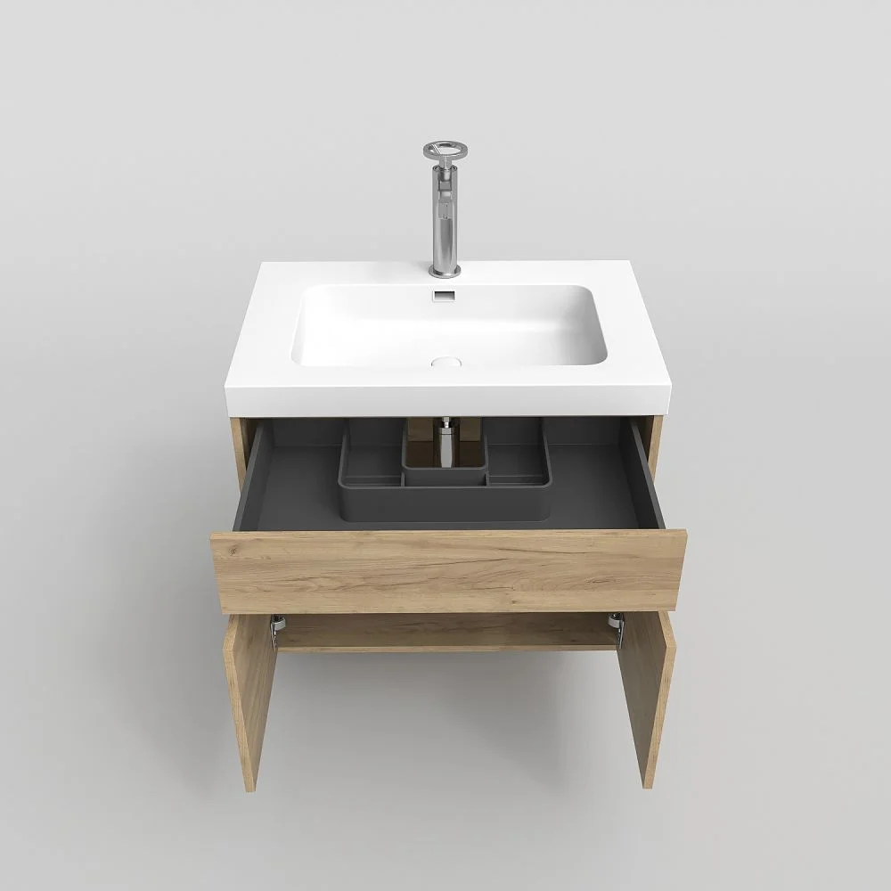 Meuble de salle de bain suspendu 2 portes / 1 tiroir CARMEN avec vasque en résine finition CHÊNE CLAIR – Image 5