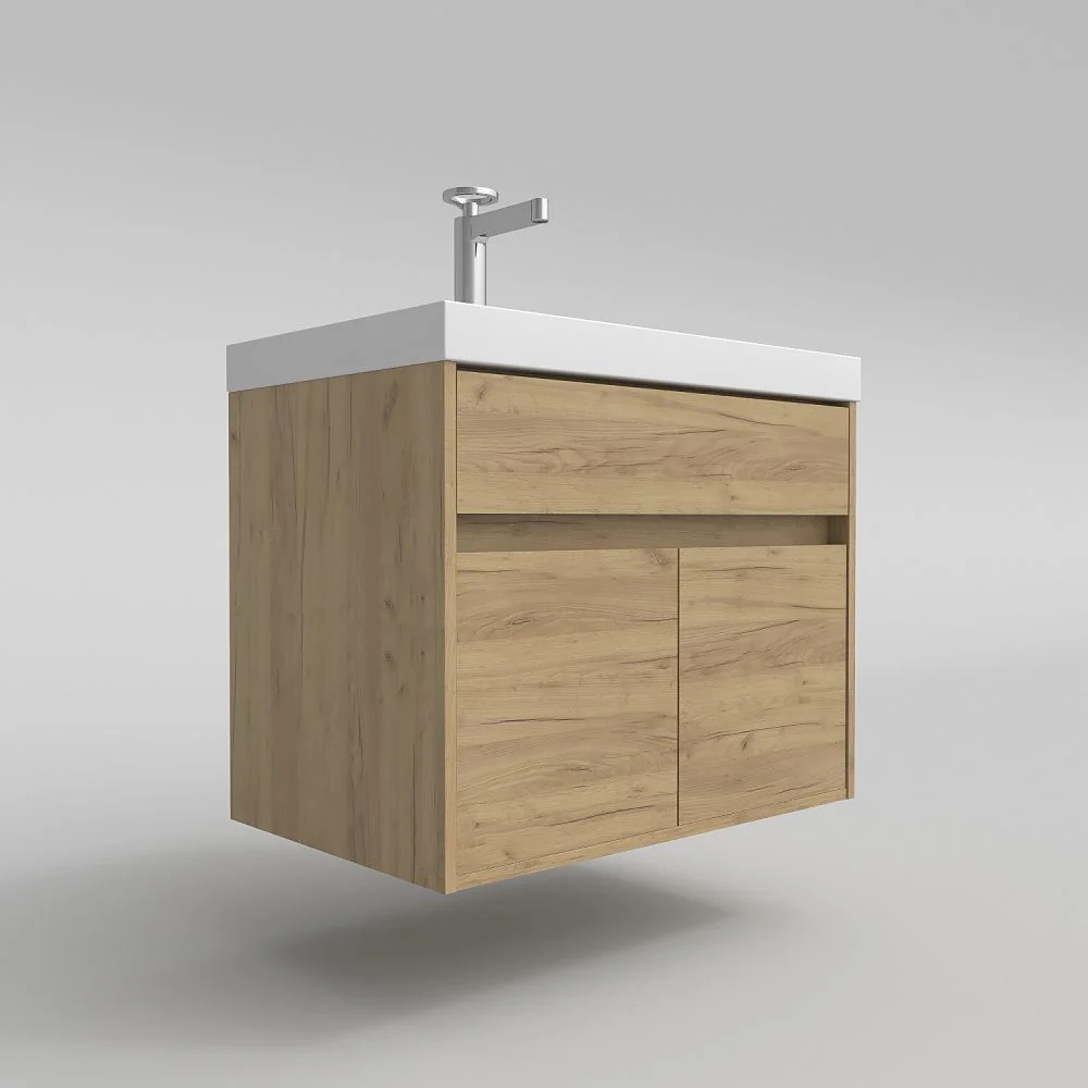 Meuble de salle de bain suspendu 2 portes / 1 tiroir CARMEN avec vasque en résine finition CHÊNE CLAIR – Image 7