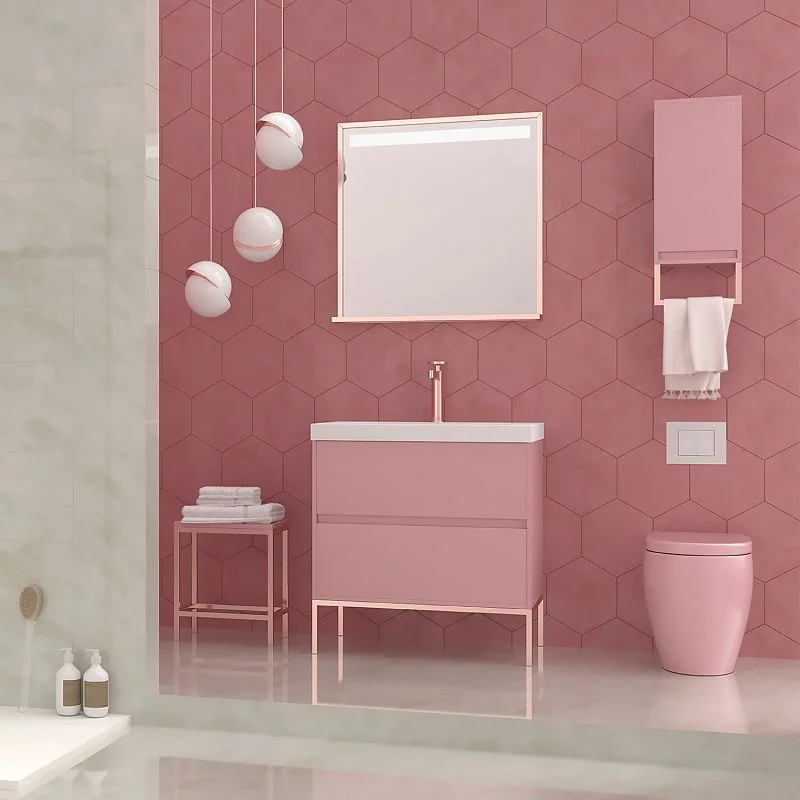Meuble de salle de bain 2 tiroirs finition mate ROSA PALO avec vasque en résine épaisseur 6 cm