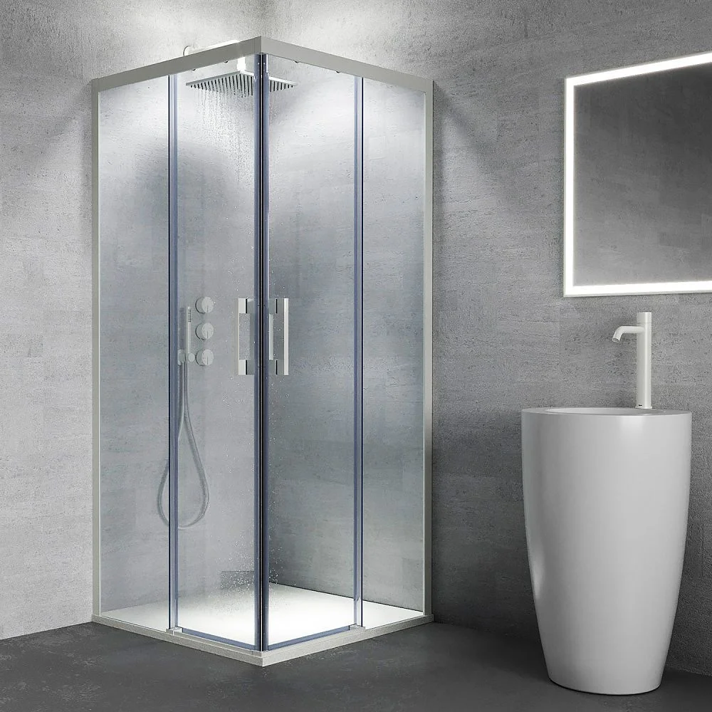 Cabine de douche carrée FLARE ouverture angulaire 2 fixes-2 portes coulissantes. Pas de profil inférieur. Avec traitement anti-calcaire. Fini BLANC MAT