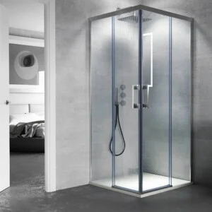Cabine de douche carrée FLARE ouverture angulaire 2 fixes-2 portes coulissantes. Pas de profil inférieur. Avec traitement anti-calcaire. Finition CHROME BRILLANT
