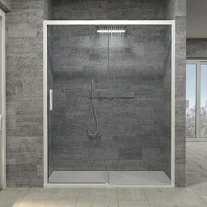 Paroi de douche avant FLARE 1 fixe -1 porte coulissante. Pas de profil inférieur. Avec traitement anti-calcaire. Fini BLANC MAT