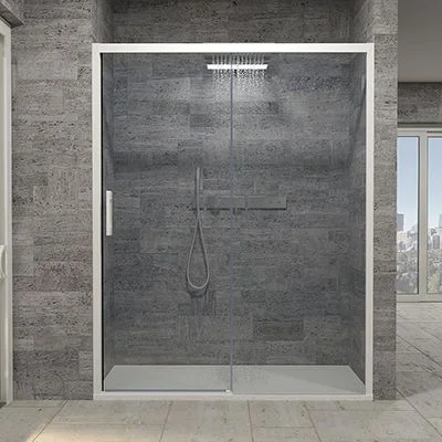Paroi de douche avant FLARE 1 fixe -1 porte coulissante. Pas de profil inférieur. Avec traitement anti-calcaire. Fini BLANC MAT