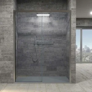 Paroi de douche avant FLARE 1 fixe -1 porte coulissante. Pas de profil inférieur. Finition CHROME BRILLANT