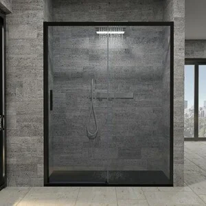 Paroi de douche avant FLARE 1 fixe -1 porte coulissante. Pas de profil inférieur. Finition NOIR MAT