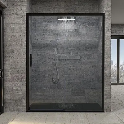 Paroi de douche avant FLARE 1 fixe -1 porte coulissante. Pas de profil inférieur. Finition NOIR MAT