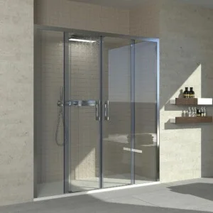 Paroi de douche avant FLARE 2 fixes -2 portes coulissantes. Pas de profil inférieur. Finition CHROME BRILLANT
