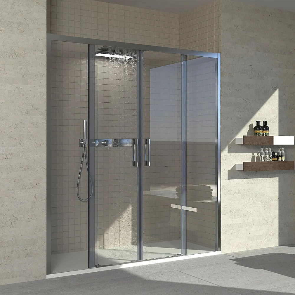 Paroi de douche avant FLARE 2 fixes -2 portes coulissantes. Pas de profil inférieur. Finition CHROME BRILLANT