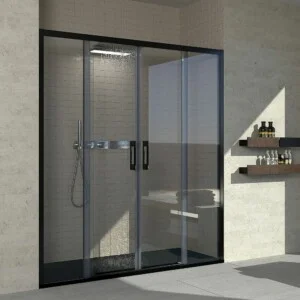 Paroi de douche avant FLARE 2 fixes -2 portes coulissantes. Pas de profil inférieur. Avec traitement anti-calcaire. Finition NOIR MAT