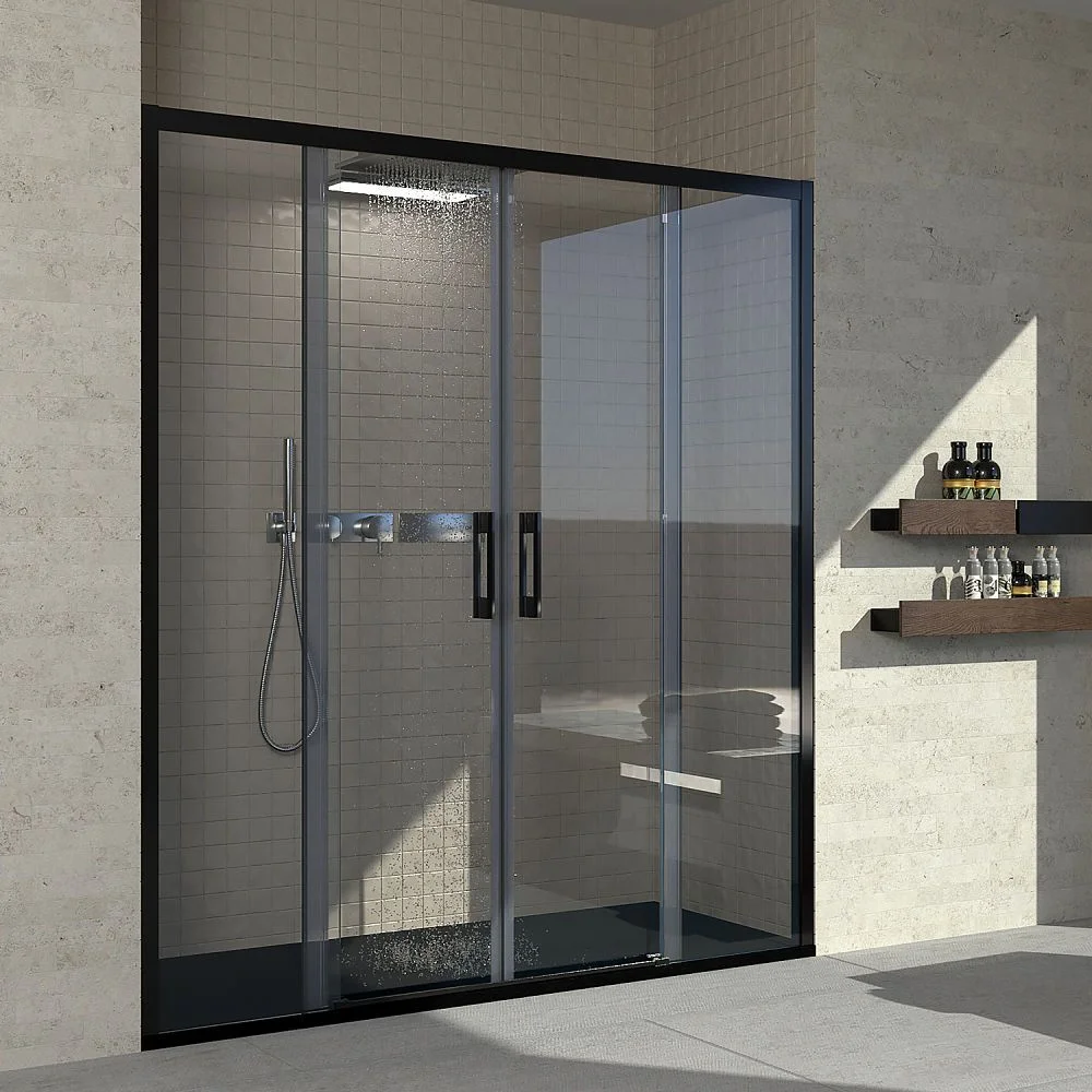 Paroi de douche avant FLARE 2 fixes -2 portes coulissantes. Pas de profil inférieur. Avec traitement anti-calcaire. Finition NOIR MAT