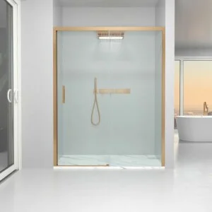 Paroi de douche avant FLARE 1 fixe -1 porte coulissante. Pas de profil inférieur. Avec traitement anti-calcaire. Finition CUIVRE