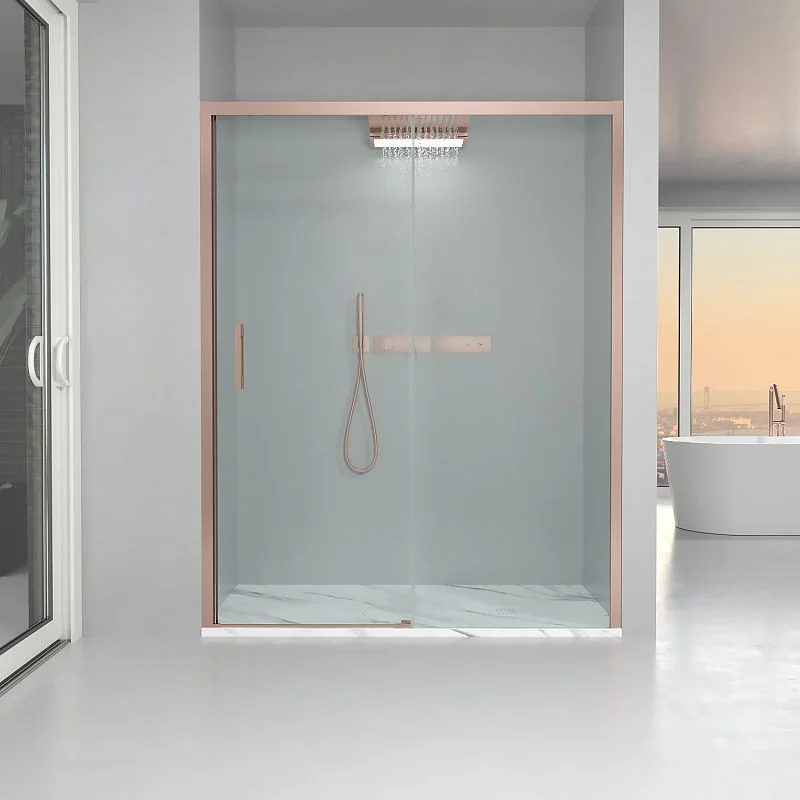 Paroi de douche avant FLARE 1 fixe -1 porte coulissante. Pas de profil inférieur. Avec traitement anti-calcaire. Finition OR ROSE