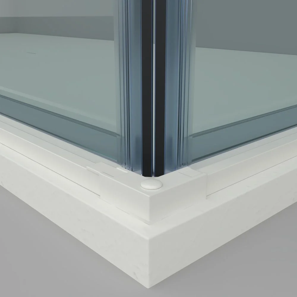 Cabine de douche carrée FLARE ouverture angulaire 2 fixes-2 portes coulissantes. Pas de profil inférieur. Avec traitement anti-calcaire. Fini BLANC MAT – Image 4