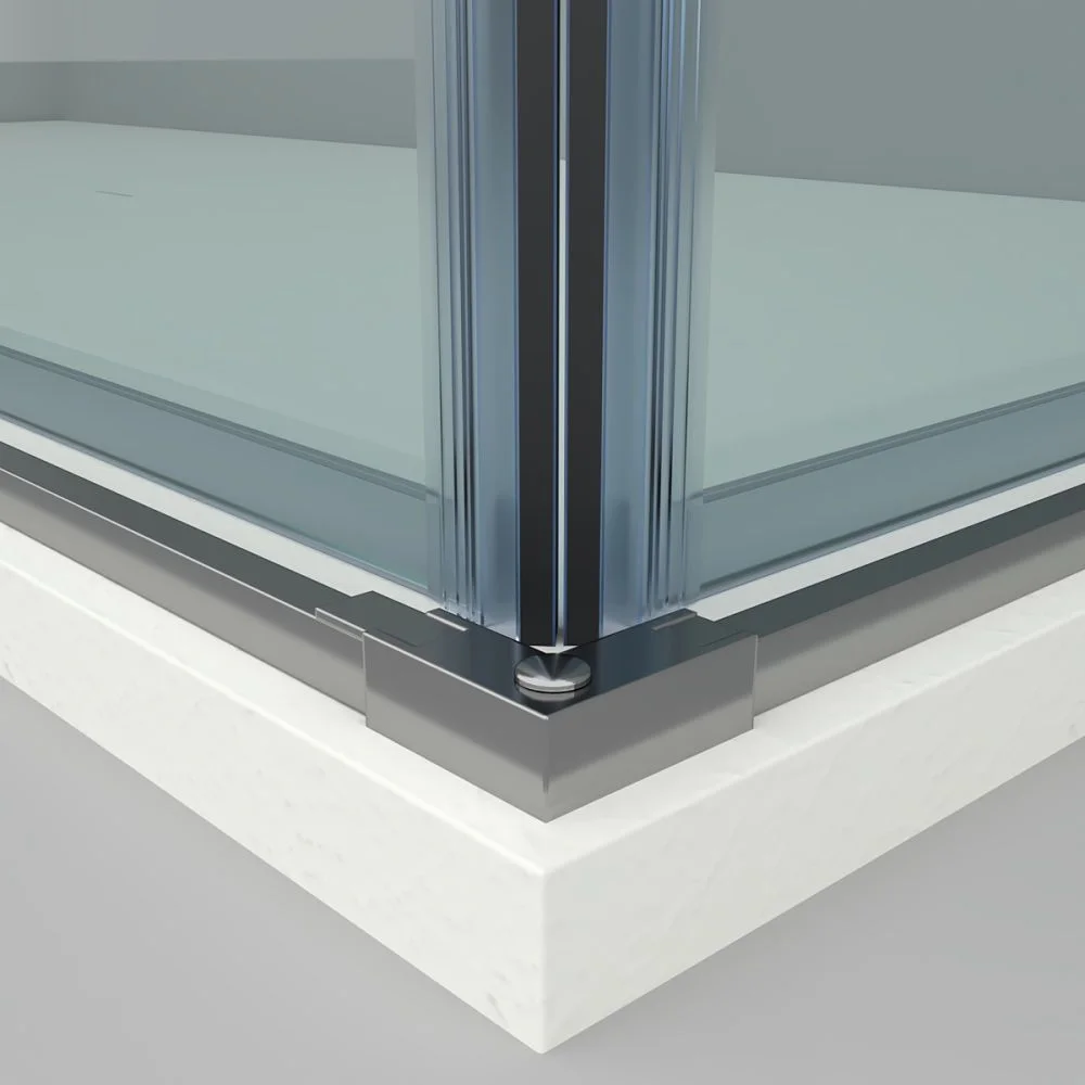 Cabine de douche carrée FLARE ouverture angulaire 2 fixes-2 portes coulissantes. Pas de profil inférieur. Avec traitement anti-calcaire. Finition CHROME BRILLANT – Image 3