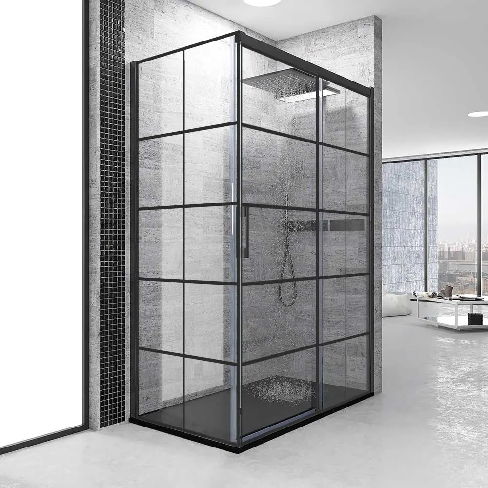Paroi de douche rectangulaire FLARE ouverture frontale 1 fixe - 1 porte coulissante + 1 fixe. DÉCORATION INDUSTRIELLE. Avec traitement anti-calcaire. Finition NOIR MAT