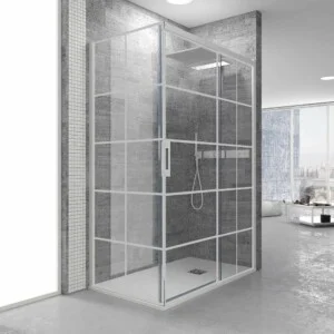 Paroi de douche rectangulaire FLARE ouverture frontale 1 fixe - 1 porte coulissante + 1 fixe. DÉCORATION INDUSTRIELLE. Avec traitement anti-calcaire. Finition BLANC MAT
