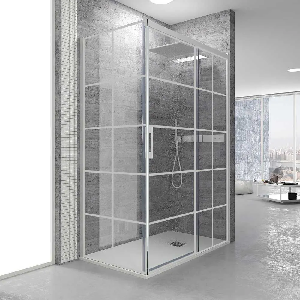 Paroi de douche rectangulaire FLARE ouverture frontale 1 fixe - 1 porte coulissante + 1 fixe. DÉCORATION INDUSTRIELLE. Avec traitement anti-calcaire. Finition BLANC MAT