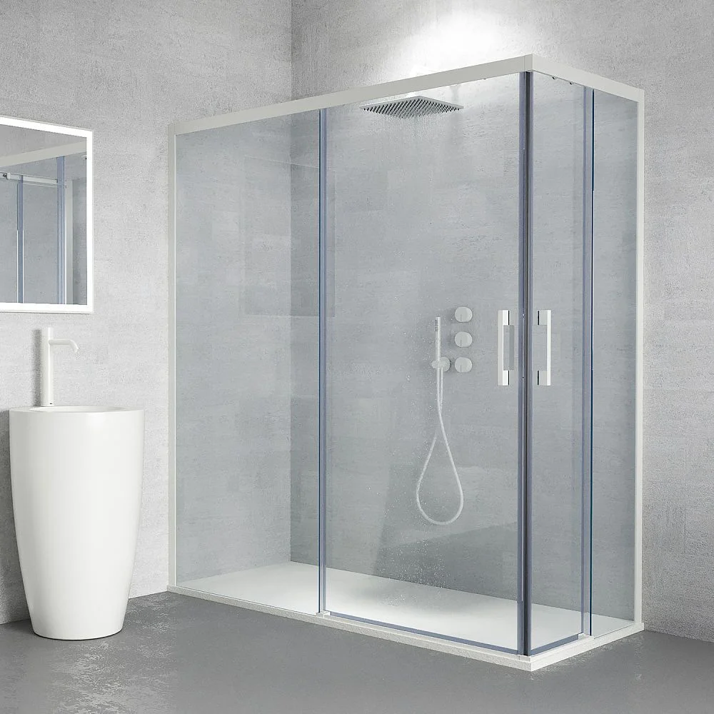 Paroi de douche rectangulaire FLARE ouverture angulaire 2 fixes-2 portes coulissantes. Pas de profil inférieur. Avec traitement anti-calcaire. Fini BLANC MAT