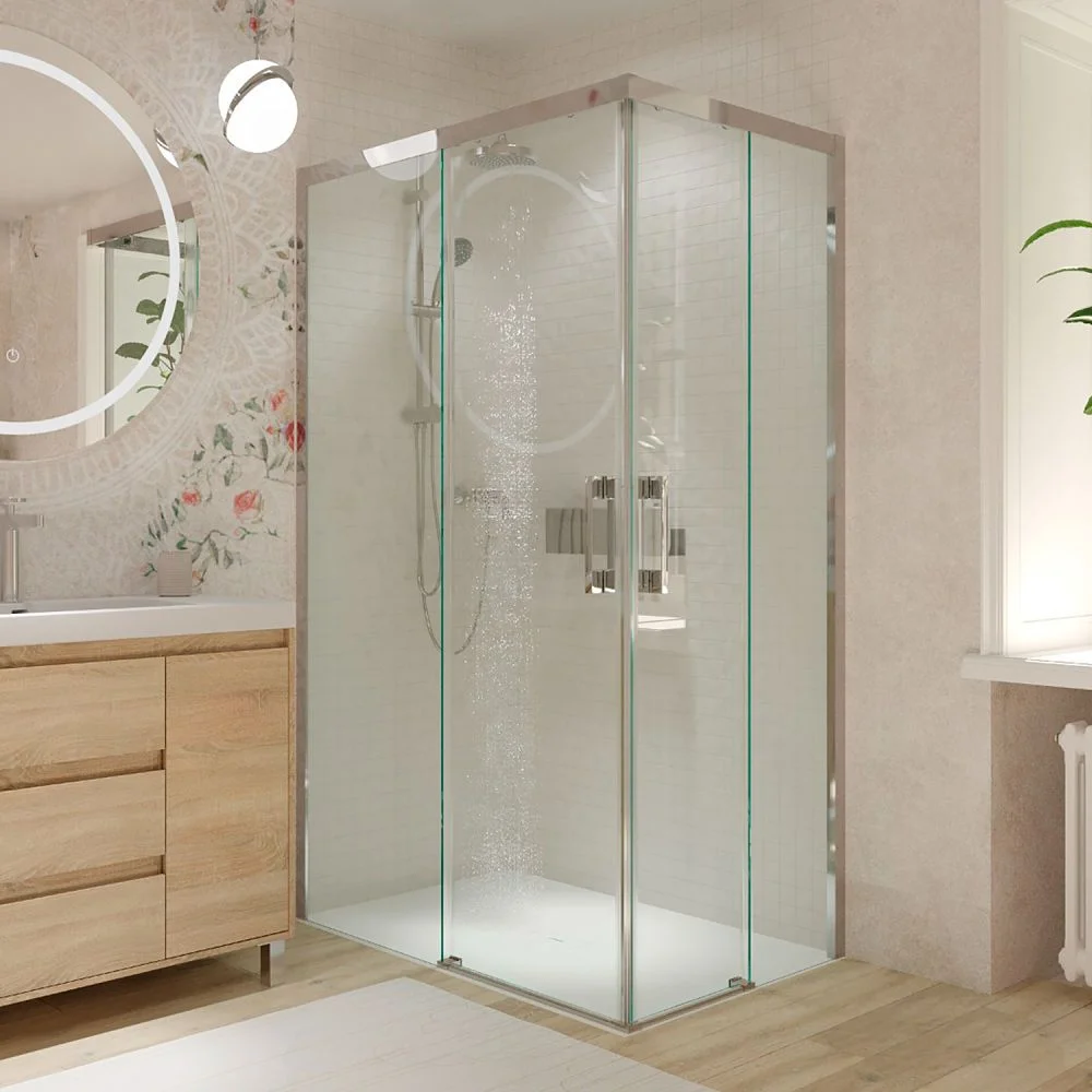 Paroi de douche rectangulaire FLARE ouverture angulaire 2 portes fixes-2 coulissantes. Pas de profil inférieur. Avec traitement anti-calcaire. Finition CHROME BRILLANT