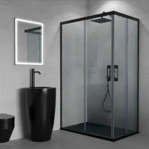 Paroi de douche rectangulaire FLARE ouverture angulaire 2 fixes-2 portes coulissantes. Pas de profil inférieur. Avec traitement anti-calcaire. Finition NOIR MAT