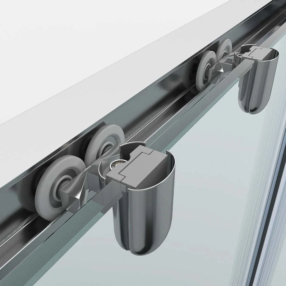 Paroi de douche avant FLARE 1 fixe -1 porte coulissante sérigraphiée. Pas de profil inférieur. Finition CHROME BRILLANT – Image 6
