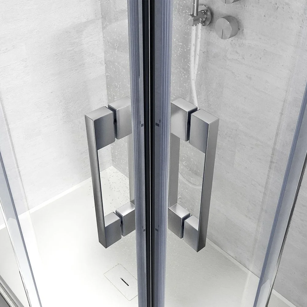 Cabine de douche carrée FLARE ouverture angulaire 2 fixes-2 portes coulissantes. Pas de profil inférieur. Avec traitement anti-calcaire. Finition CHROME BRILLANT – Image 2