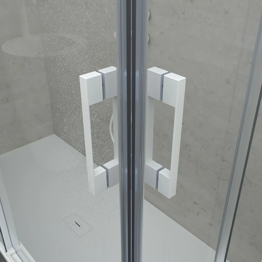 Paroi de douche rectangulaire FLARE ouverture angulaire 2 fixes-2 portes coulissantes. Pas de profil inférieur. Avec traitement anti-calcaire. Fini BLANC MAT – Image 4