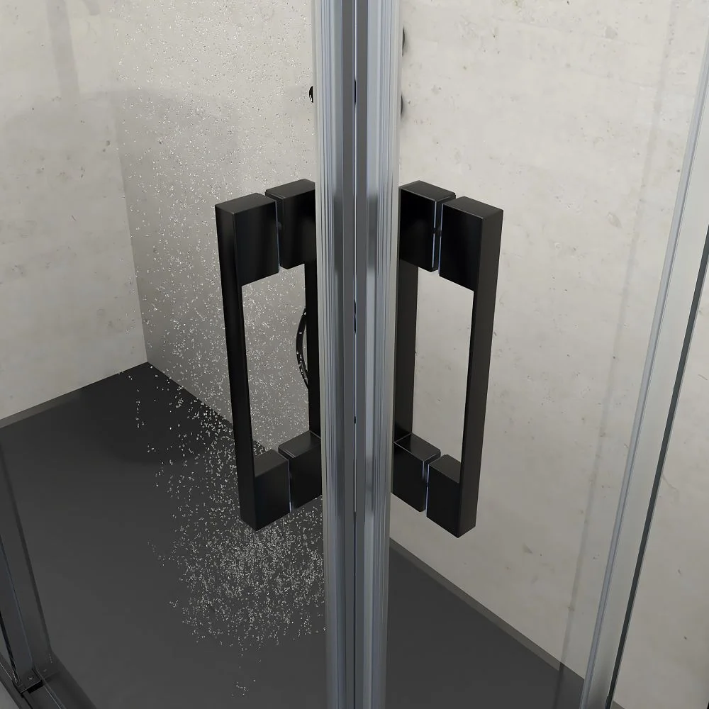 Paroi de douche rectangulaire FLARE ouverture angulaire 2 fixes-2 portes coulissantes. Pas de profil inférieur. Avec traitement anti-calcaire. Finition NOIR MAT – Image 4