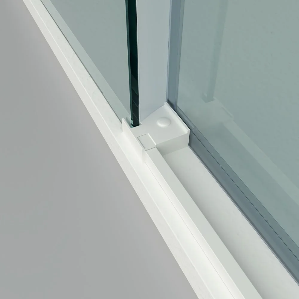 Cabine de douche carrée FLARE ouverture angulaire 2 fixes-2 portes coulissantes. Pas de profil inférieur. Avec traitement anti-calcaire. Fini BLANC MAT – Image 6
