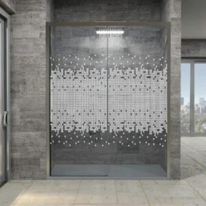 Paroi de douche avant FLARE 1 fixe -1 porte coulissante sérigraphiée. Pas de profil inférieur. Finition CHROME BRILLANT