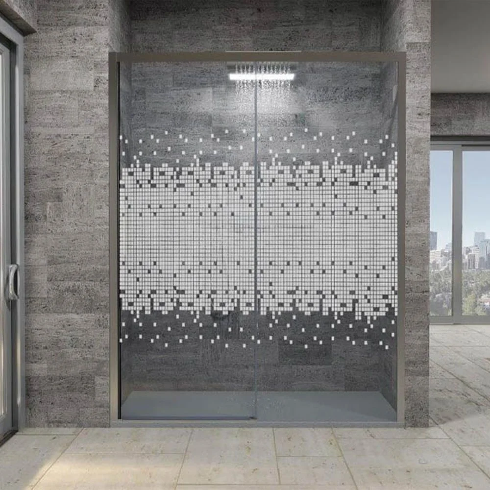 Paroi de douche avant FLARE 1 fixe -1 porte coulissante sérigraphiée. Pas de profil inférieur. Finition CHROME BRILLANT