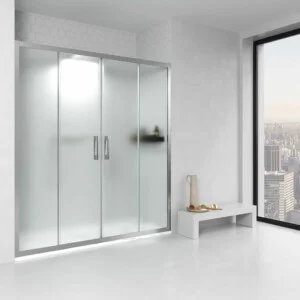 Paroi de douche avant GLISS 2 fixes -2 portes coulissantes en verre OPACO. Avec traitement anti-calcaire. Finition CHROME BRILLANT