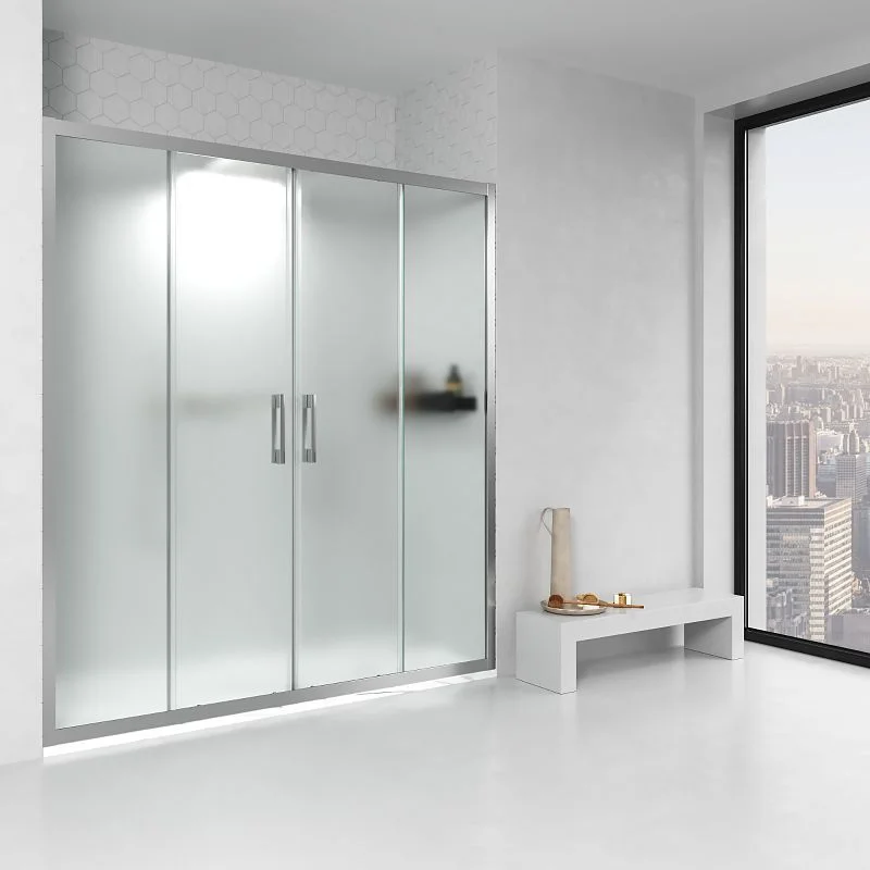 Paroi de douche avant GLISS 2 fixes -2 portes coulissantes en verre OPACO. Avec traitement anti-calcaire. Finition CHROME BRILLANT