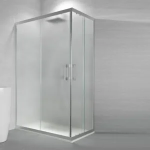 Paroi de douche rectangulaire GLISS ouverture angulaire 2 portes fixes-2 coulissantes. Verre OPAQUE avec traitement anti-calcaire. Finition CHROME BRILLANT