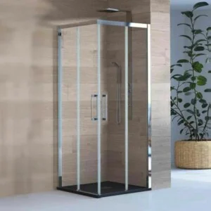 Paroi de douche carrée fixe SENIOR 2 - 2 portes coulissantes en verre 8 mm sans profilé inférieur. Finition CHROME BRILLANT